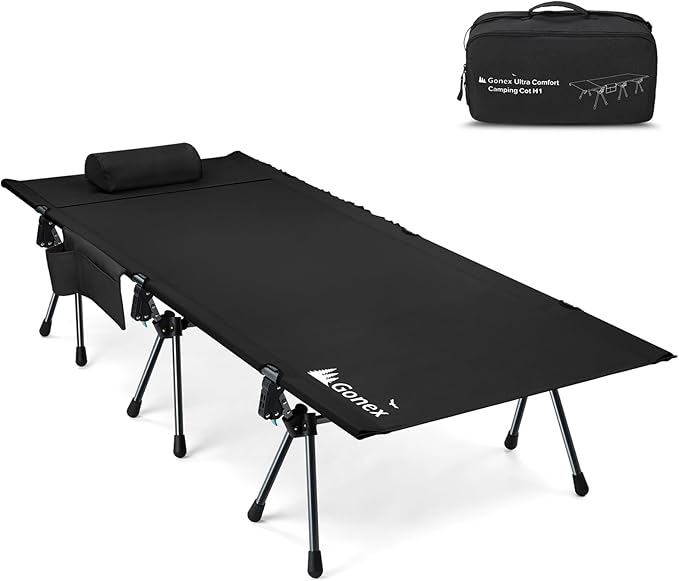 Gonex 31.5" Extra Wide Camping Cot with Leg Extenders 2 in 1 Portable Folding Cot for Adults Height Adjustable Supports 350lbs Sleeping Bed for Backpacking Travel Beach Home (Black)