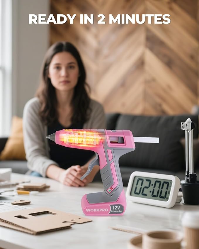 WORKPRO Full Size Cordless Hot Melt Glue Gun - 12V Rechargeable Fast Preheating Glue Gun Kit with 15pcs Full Size Glue Sticks, Auto Power-off Glue Gun for DIY Project, Art, Craft - Pink Ribbon