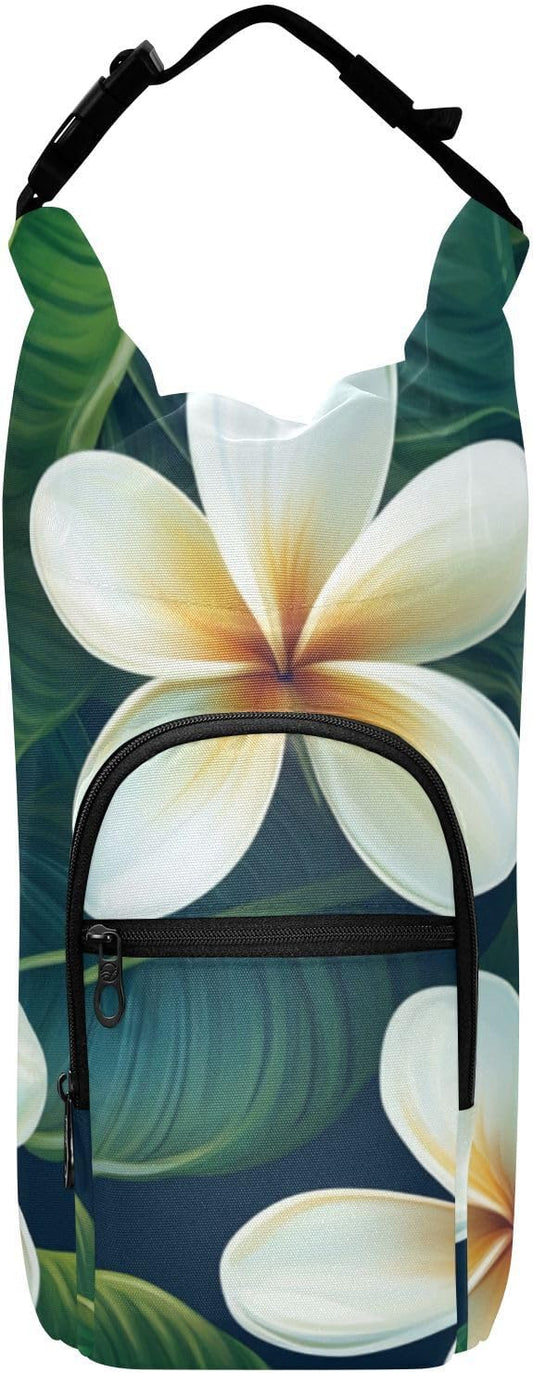 Tropical Plumeria Green Water Bottle Holder with Strap Insulated Water Bottle Carrier Crossbody Bags Pouch with Phone Pocket for Travel Gym Hiking Walking Running