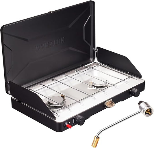 VANSTON 2-Burner Propane Camping Stove, 20,000 Total BTUs Portable Gas Camping Grill, Stovetop with Adjustable Burners, Wind Guards, Heavy-Duty Latch, Built-in Carrying Handle, Pressure regulator
