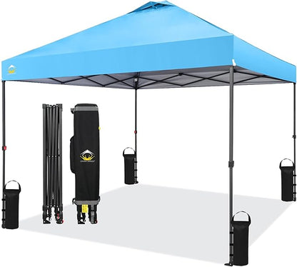 CROWN SHADES 10x10 Pop Up Canopy Tent - Patented Center Lock One Push Instant Outdoor Canopy Beach Tent with STO-N-Go Bag 8 Stakes & 4 Sand Bags，Sky Blue