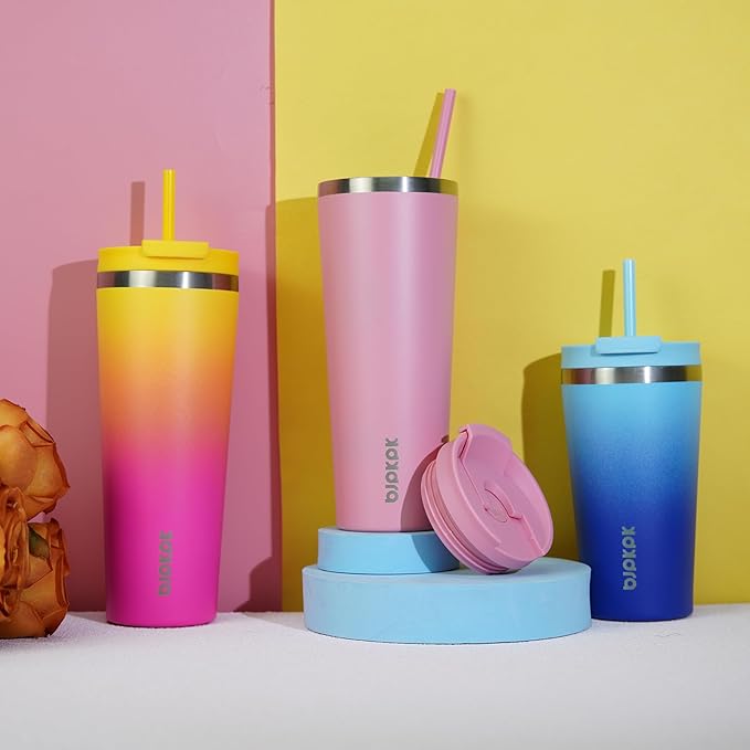 BJPKPK 22oz Insulated Tumbler With lid And Straw Stainless Steel Tumblers Travel Coffee Mug Reusable Thermal Cup,Sky