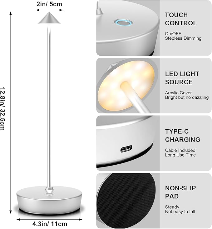 2Pack Rechargeable Cordless Table Lamp, Portable Powered LED Battery 6000mAh Metal USB Desk Lamp, 3 Levels Brightness Light for Restaurants Outdoor (2pack Silver)