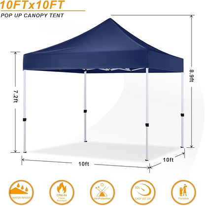 Pop Up Canopy Tent 10x10 for Outdoor Heavy Duty Commercial Instant Sun Shelter,with Wheeled Carry Bags,4Ropes and Stakes and 4 sandbags,Navy Blue