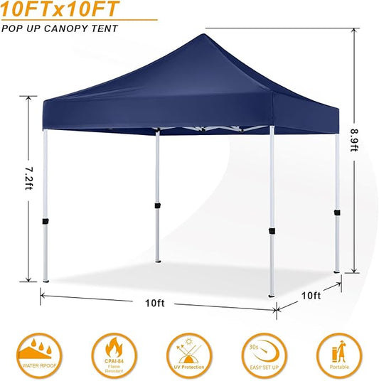 Pop Up Canopy Tent 10x10 for Outdoor Heavy Duty Commercial Instant Sun Shelter,with Wheeled Carry Bags,4Ropes and Stakes and 4 sandbags,Navy Blue
