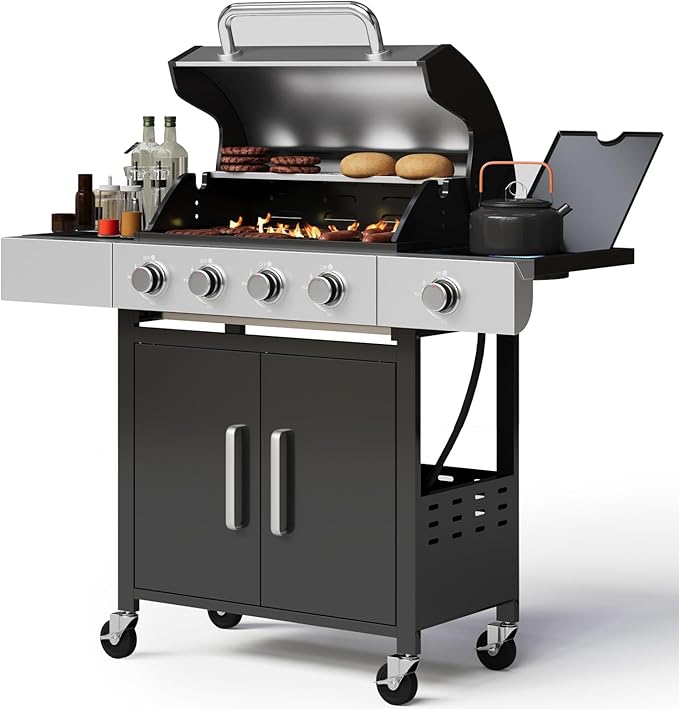 Aoxun 4-Burner Propane Gas BBQ Grill with Side Burner, 49000 BTU, Stainless Steel Outdoor Grill with Cast Iron Grates & Side Tables for Backyard, Patio, Camping