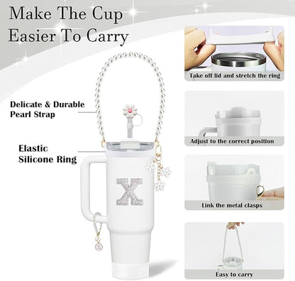 Cup Accessories Set for Stanley- Including Water Bottle Carrying Pearl Strap, Handle Letter Charms Sticker, Siliocne Cup Boot Straw Cover for Stanley Cup 40oz & 30oz Tumbler Accessory Kit X