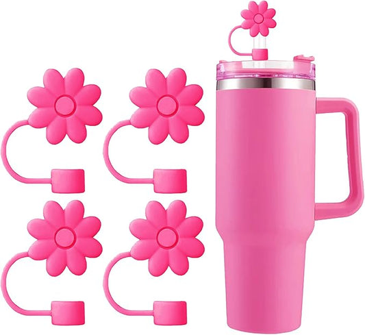 4PCS Silicone Straw Covers Toppers for Stanley Cups 30&40 Oz Tumbler Accessories Flower Straw Caps Rose Red Dust-Proof Reusable Straws Tips Protectors for Stanley Cup 10mm 0.4in Straws