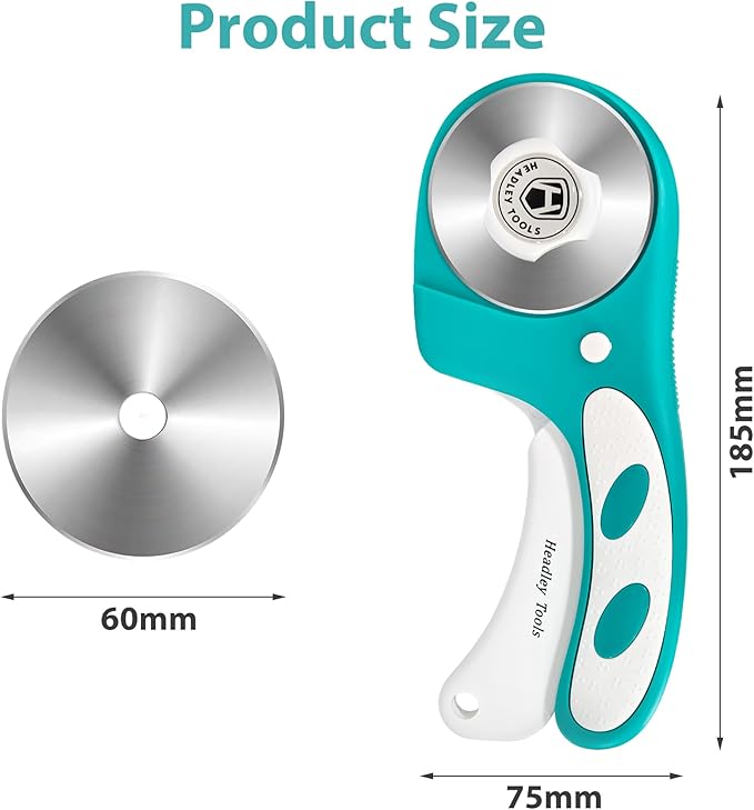 Headley Tools Rotary Cutter 60mm Upgraded with Bearing Design for Smoother and deeper cutting, Ergonomic Handle Rolling Cutter with Safety Lock for Fabric, Fabric, Leather, Crafting, Sewing, Turquoise