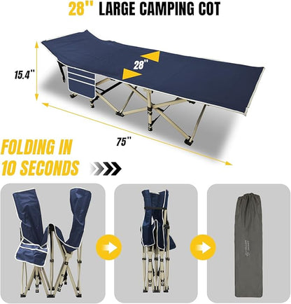 YELLOW JACKET Folding Camping Cot for Adults,600LBS Max Load,28" Wide Sleeping Cot with Removable Thick Mattress Portable Foldable Camping Bed with Carry Bag for Camp,Home,Office,Travel,Blue