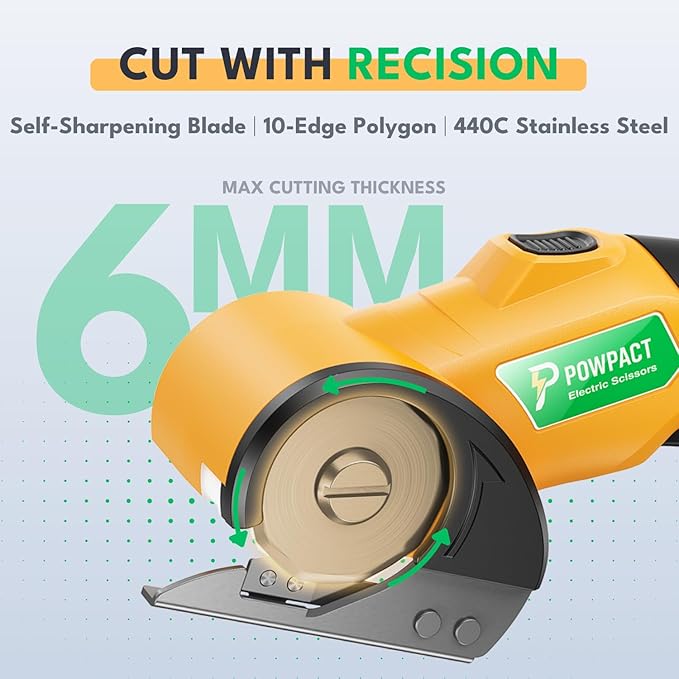 Powpact® High Speed Cardboard Cutter, Cordless Electric Scissors for Cardboard Fabric Carpet, Automatic Electric Box Cutter with Safety Lock - Rechargeable Battery, Heavy Duty Power, Rotary Cutting