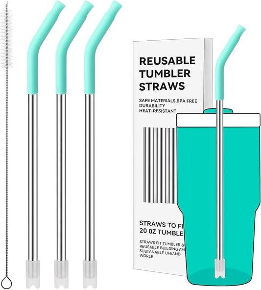 Reusable Metal Straws with Silicone Tip for Stanley 20oz,Stainless Steel Drinking Straws for 20oz Tumbler,3 Straight Tubes & 6 Tips& 1 Cleanr Brush(Tropical Teal)