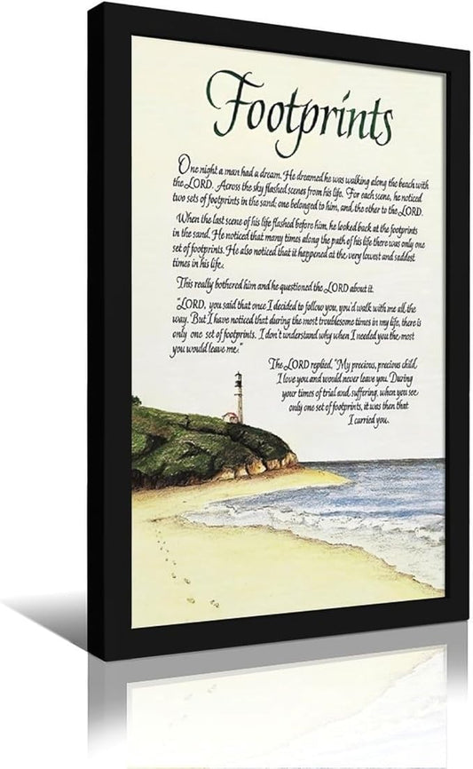 Footprints in the Sand Religious Canvas Wall Art Posters, Inspirational Beach Sunset Poem Print Poster (Black Framed 12x18inch, Footprints(5))