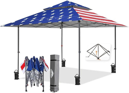 EAGLE PEAK 13x13 Straight Leg Pop Up Canopy Tent Instant Outdoor Canopy Easy Single Person Set up Folding Shelter w/Auto Extending Eaves 169 Square Feet of Shade (American Flag)
