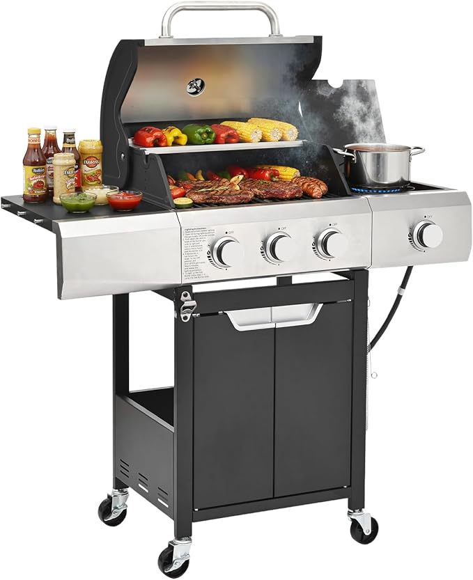 40,500 BTU 3-Burner Propane Gas Grill with Side Burner,Stainless Steel Outdoor BBQ Grill Portable with Wheels and Cast Iron Grates for Patio Garden Barbecue Cooking