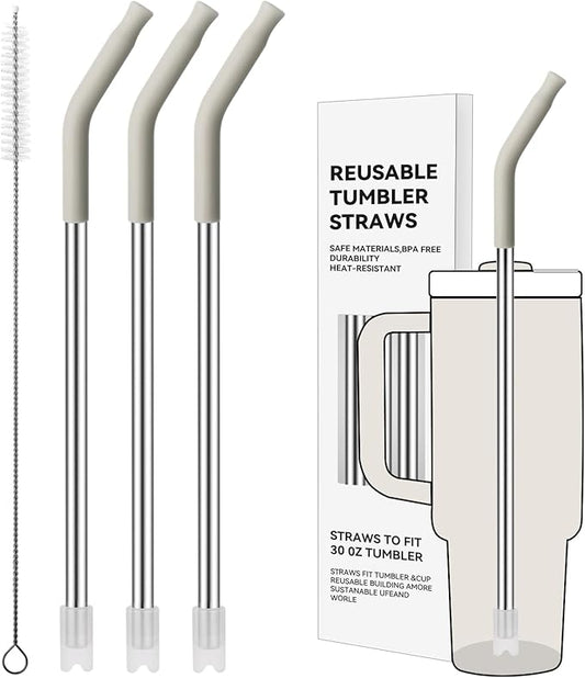 Reusable Metal Straws with Silicone Tip for Stanley 30oz,Stainless Steel Drinking Straws for 30oz Tumbler,3 Straight Tubes & 6 Tips& 1 Cleanr Brush (Cream)