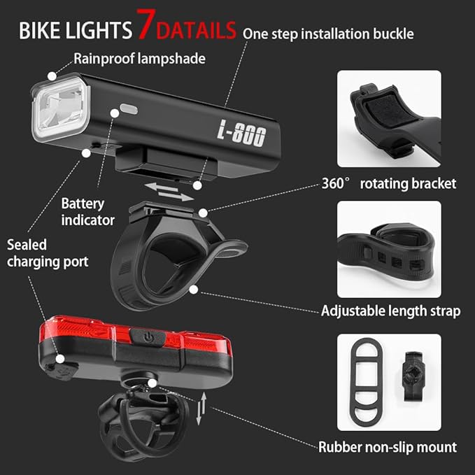 Rechargeable Bike Light Set USB Bike Headlight Bike Taillight IPX6 Waterproof 8 Modes Mountain Road Cycling Light, Bike Lights for Night Riding, Luces para Bicicleta