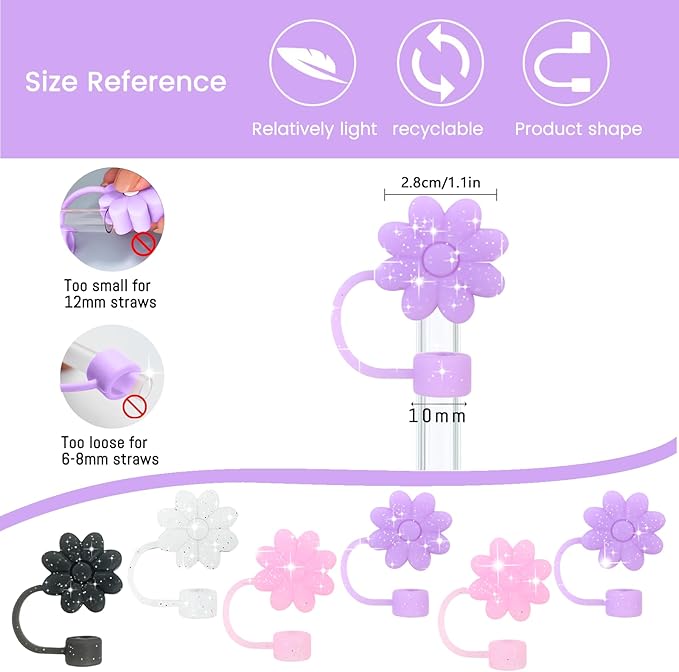 Glitter Silicone Straw Covers Toppers for Stanley Cups 30&40 Oz Tumbler Accessories 6PCS Flower Straw Caps Dust-Proof Reusable Straws Tips Protectors for Stanley Cup 10mm 0.4in Straws