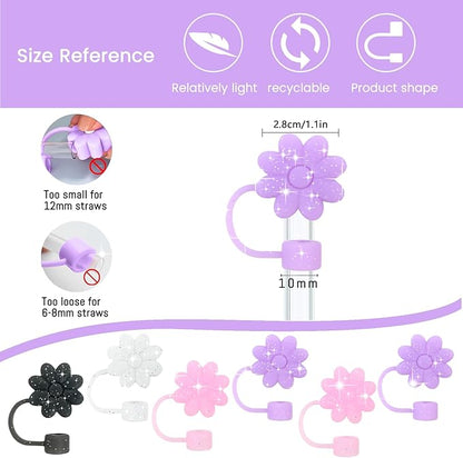 Glitter Silicone Straw Covers Toppers for Stanley Cups 30&40 Oz Tumbler Accessories 6PCS Flower Straw Caps Dust-Proof Reusable Straws Tips Protectors for Stanley Cup 10mm 0.4in Straws