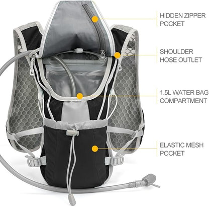 Hydration Pack Backpack，IX INOXTO Running Hydration Vest with 1.5L ( 50 oz) Water Bladder for Men Women，Lightweight Water Backpack for Hiking Cycling Climbing Camping