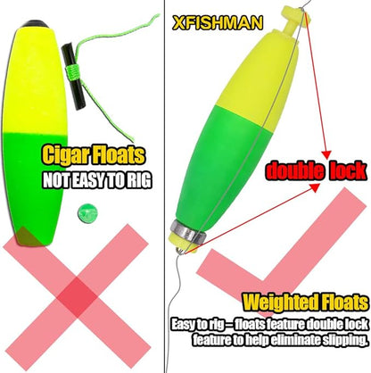 XFISHMAN Weighted-Bobbers-for-Fishing-Floats-Bouy Slip Bobber Fishing Corks Kit Crappie Bluegills Panfish Catfish Hand Made Foam Float 1 Inch 2 in 8-12 Pack