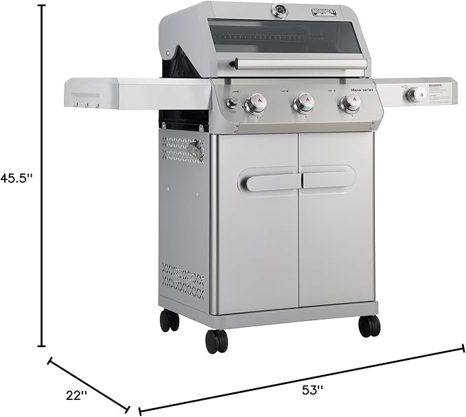 Monument Grills Outdoor Barbecue Stainless Steel 3 Burner Propane Gas Grill, 48,000 BTU Patio Garden Grill with Side Burner and Knob Controls, Mesa305 with BBQ Cover