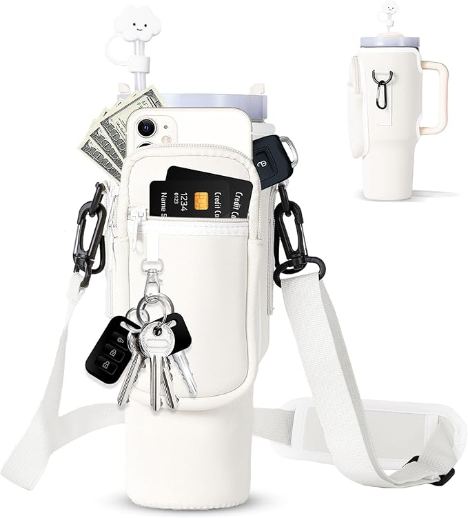 dabria Water Bottle Carrier Bag with Phone Pocket for Stanley 40/30 oz Tumbler Neoprene Water Bottle Holder Pouch with Adjustable Strap Bollus with Straw Cover & Carabiner for Stanley Cup Accessories