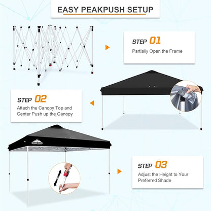 EAGLE PEAK Pop Up Canopy Tent with Wheeled Carry Bag, 8 Stakes, 4 Ropes, 4 Weight Bags, Easy Set Up Tent Canopy, 12x12 ft, 144sqft of Shade, Black