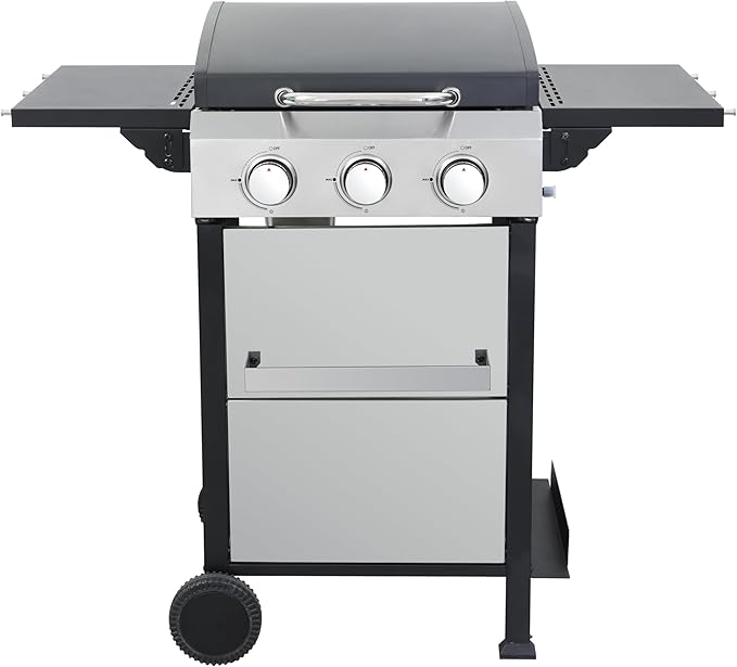 3-Burner Propane Gas BBQ Grill, SS Plancha, 36900BTU Output With Wire Enamel Cooking Grids For Outdoor Barbecue, Foldable Side Table, Hanging Basket, Stainless Steel