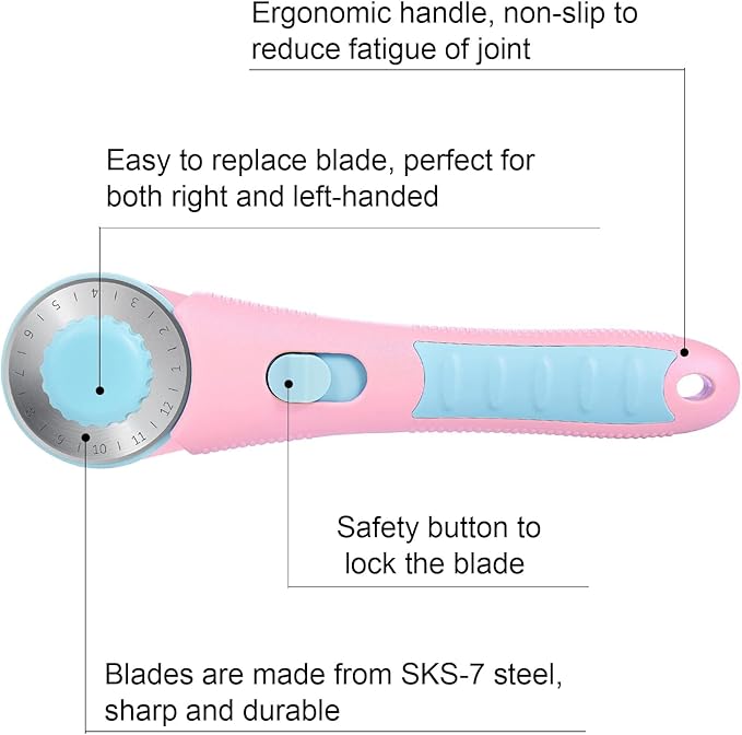 Headley Tools Rotary Cutter with 5pcs 45mm Rotary Blade, Bearing Design Rolling Cutter with Safety Lock for Fabric Sewing Quilting Cloth Leather Paper and Arts & Crafts(Pink)