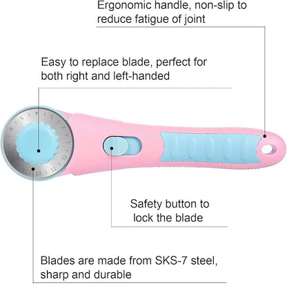 Headley Tools Rotary Cutter with 5pcs 45mm Rotary Blade, Bearing Design Rolling Cutter with Safety Lock for Fabric Sewing Quilting Cloth Leather Paper and Arts & Crafts(Pink)