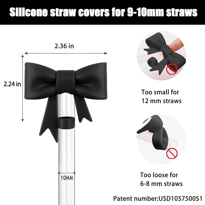 4Pcs Silicone Straw Toppers Covers for Stanley Cups 40/30oz 10mm(0.4in) Dust-Proof Bow Straw Covers Toppers Suitbale for Stanley Cup Accessories Reusable Straws Caps (Black)