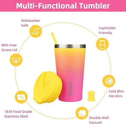 BJPKPK 18oz Stainless Steel Insulated Tumbler With lid And Straw Travel Coffee Thermal Tumblers Cup For Women And Men,Pink Yellow Rose
