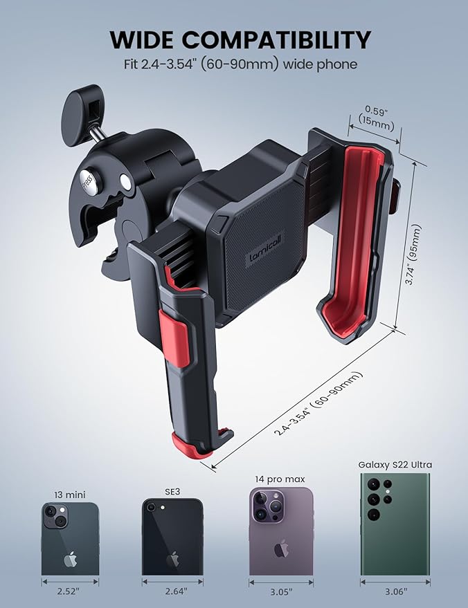 Lamicall Motorcycle Phone Mount Holder - [Camera Friendly] [1s Lock] Bike Phone Holder Handlebar Clamp, Bicycle Scooter Phone Clip, for iPhone Air, 17, 16, 15 Pro Max, Galaxy, 4.7-7" Phones, Red