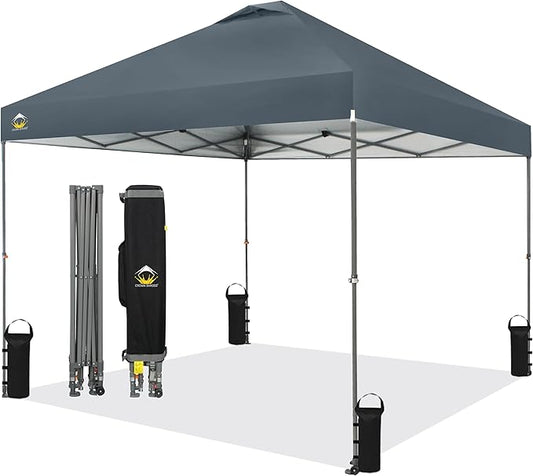 CROWN SHADES Adjustable Height on The Fly, 10x10 Pop Up Canopy - Beach Tent with One Push Setup - Easy Outdoor Sun Shade for Events, Parties, Camping - Outside Shade with STO-N-Go Bag, Grid Grey