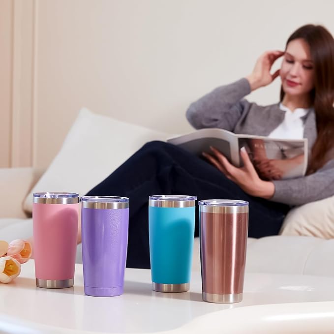 MEWAY 20oz Tumbler 4 Pack Double Wall Vacuum Insulated Travel Glitter Mug Bulk, Stainless Steel Tumblers with Lid and Straw, Powder Coated Coffee Cups for Woman(Rainbow Navy,Set of 4)