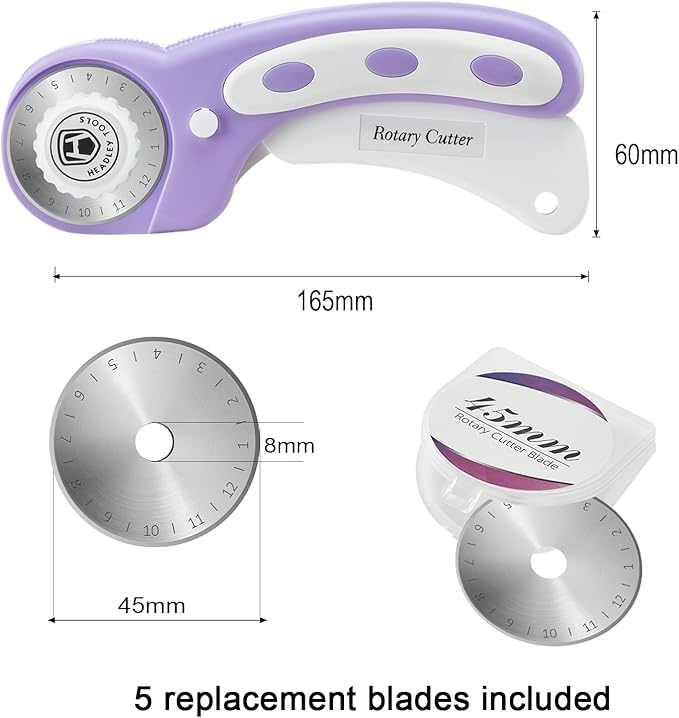 Headley Tools 45mm Rotary Cutter for Fabric, Ergonomic Handle Rolling Cutter with Safety Lock for Fabric Leather Crafting Sewing Quilting, Fabric Cutter Wheel Perfect for Left & Right Hand (Purple)