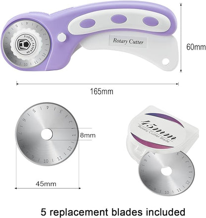 Headley Tools 45mm Rotary Cutter for Fabric, Ergonomic Handle Rolling Cutter with Safety Lock for Fabric Leather Crafting Sewing Quilting, Fabric Cutter Wheel Perfect for Left & Right Hand (Purple)