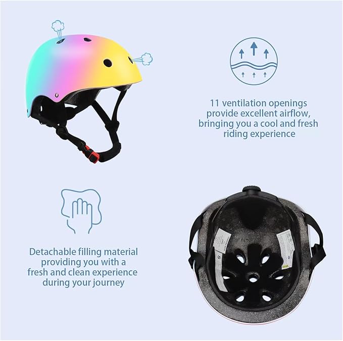 Color Gradient Adjustable Kids Bike Helmet with Knee & Elbow Pads Set | Multi-Sport Safety Gear for Boys & Girls Ages 5-14 | Skateboarding, Scooters, Roller & Inline Skating, Longboarding