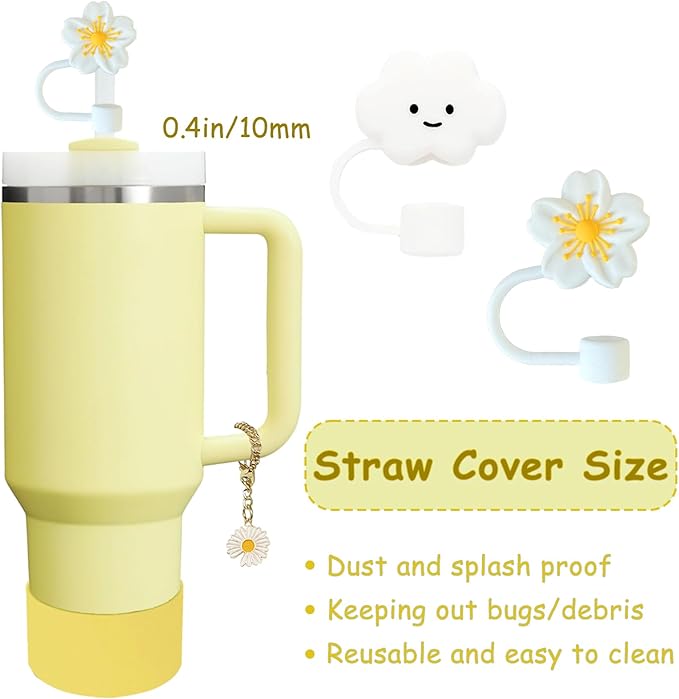 Stanley Cup Accessories Set,Including 2 Pcs 0.4in Straw Cover, 1 Silicone Spill-Proof Stopper, 1 Cute Handle Charm, 1 Silicone Boot Fits Stanley 40&30 Oz Tumbler (Lemon Yellow)