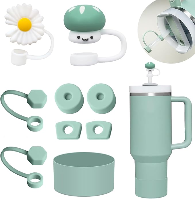 Stanley Silicone Accessories Set: 6 Pcs Spill-Proof Stopper, 2 Straw Covers, 1 Silicone Boot for 40oz & 30oz Tumbler (Eucalyptus)