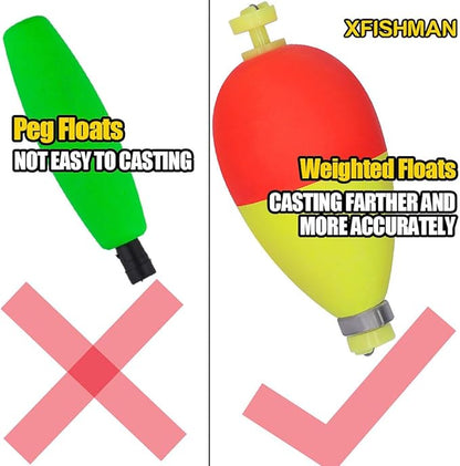 XFISHMAN Weighted-Bobbers-for-Fishing-Floats-Bouy Slip Bobber Fishing Corks Kit Crappie Bluegills Panfish Catfish Hand Made Foam Float 1 Inch 2 in 8-12 Pack