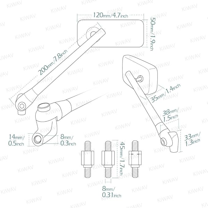 KiWAV Motorcycle Mirrors Rear View Side Rectangular ClassicPlus Chrome Convex Aspherical Anti-Glare Blue Tinted Glass Longer Stem 8mm 1.25 Pitch Adapters for E-bike Scooter ATV Moped Pack of Pair