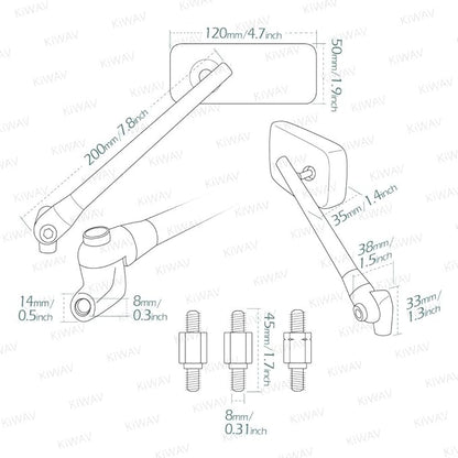 KiWAV Motorcycle Mirrors Rear View Side Rectangular ClassicPlus Chrome Convex Aspherical Anti-Glare Blue Tinted Glass Longer Stem 8mm 1.25 Pitch Adapters for E-bike Scooter ATV Moped Pack of Pair