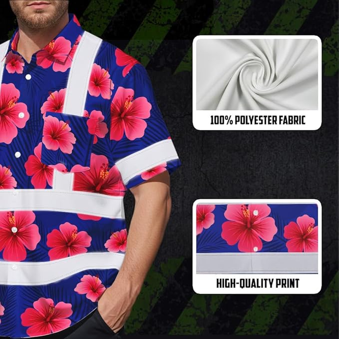 High Visibility Hawaiian Shirt for Men Tropical Shirts Custom Name Floral Outfit Reflective Safety Workwear