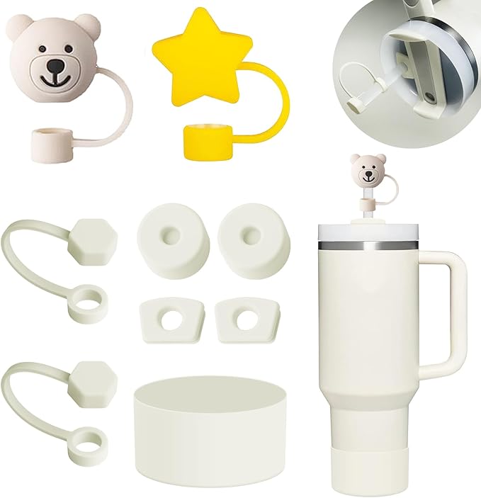 Stanley Cup Accessories Set Including 6 Pcs Silicone Spill Proof Stopper, 2 Pcs Straw Cover Cap for 9-10 mm Straws, 1 Pcs Silicone Boot for Stanley Cup Stanley 40oz & 30oz Tumbler (CREAM)