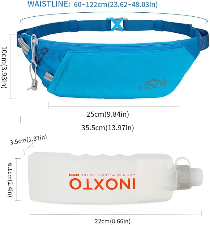 INOXTO Slim Running Belt Fanny Pack for Women and Men Sports Waist Bag Pack with 300ml Water Bottle for Running Walking Cycling Hiking Reflective Running Pouch Belt for All Phones (Blue)