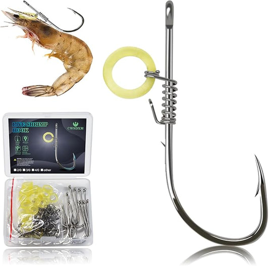 Live Shrimp Hook Set,Carbon Steel Barbed Fishing Hooks Freshwater Saltwater,Shrimp Lure,Bass Carp Catfish Bait，Manual Assembly DIY，1/0 2/0 3/0 4/0-25pcs