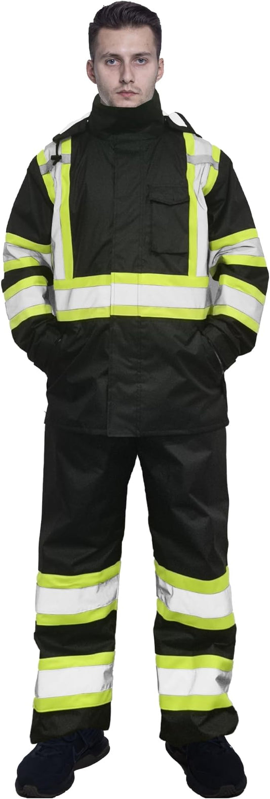 sesafety Hi Vis Rain Jacket, Rain Suits for Men Waterproof withBlack Bottom, Rain Coats for Men Interior Mesh, Class 3 HighVisibility Rain Gear,Removable Hood