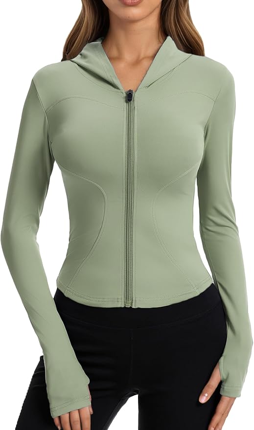 Women Bbl Jackets with Hood Compression Workout Tops Lined or Unlined Lightweight Yoga Gym Jacket with Thumb Hole